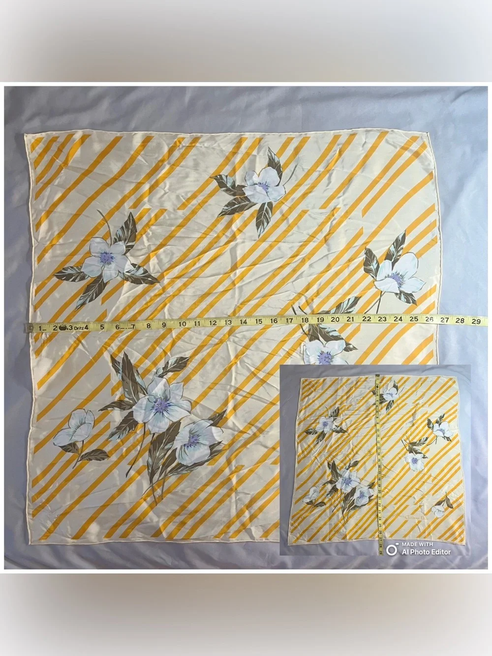 Vintage Christian Dior Silk Scarf 70s Floral Stripe Gold Hand Rolled 27 Inch
